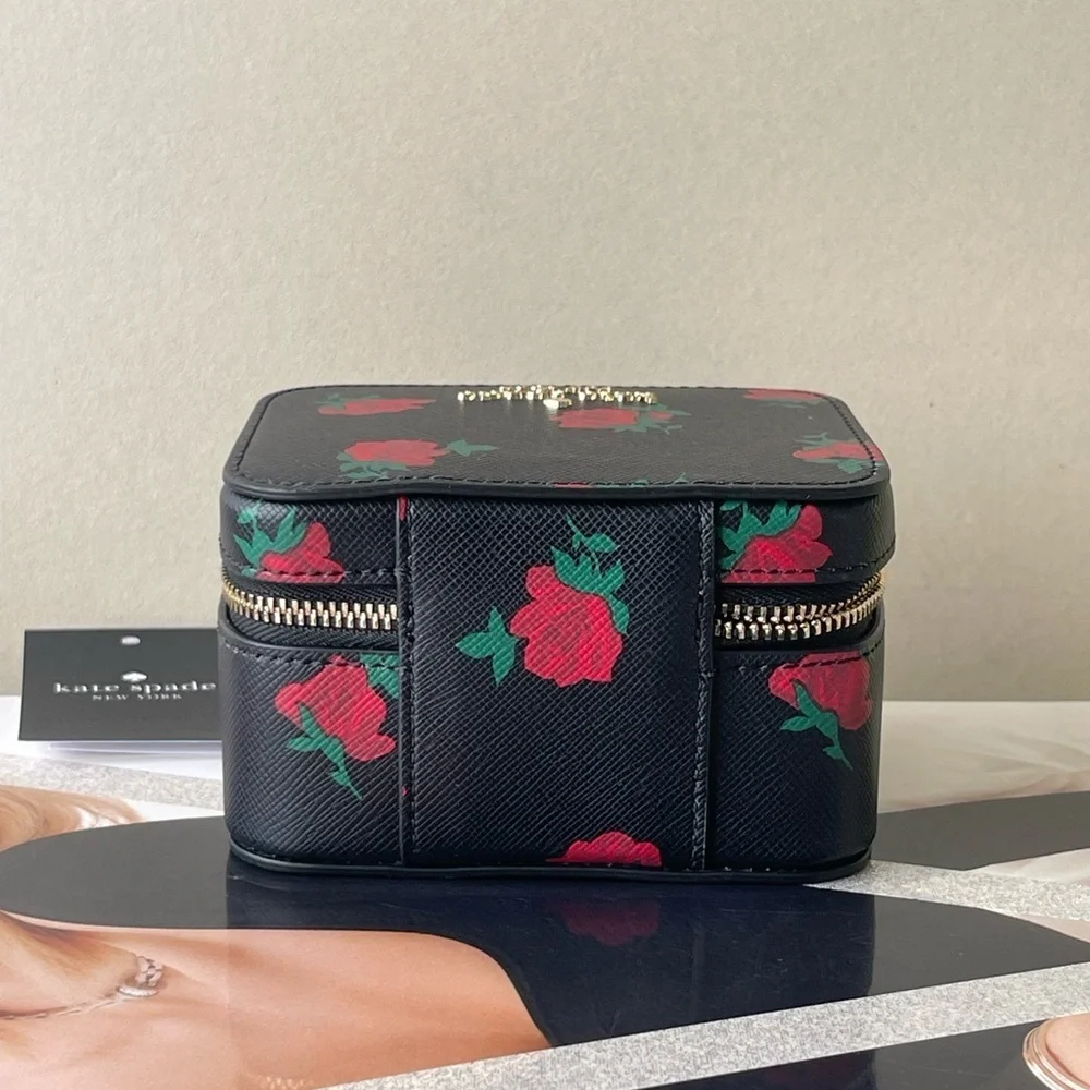 (new+tag) Kate Spade chic black jewelry box with vibrant red floral design